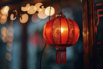 Traditional chinese paper lantern hanging and glowing at night