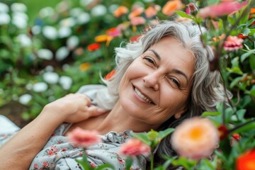 Fototapeta premium Mature Woman Relaxing in Garden Surrounded by Flowers, Copy Space Available