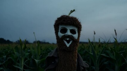 Mysterious masked figure in twilight cornfield