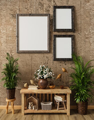 Mocap, template, simple rustic living room interior, wooden rough furniture, picture frame, poster, photo, potted flowers, decor, 3D rendering