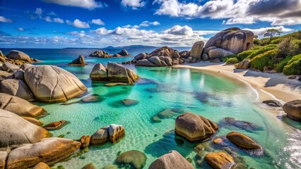 Serenely tranquil seascape featuring majestic rocks surrounded by calm turquoise pools of water on pristine white sandy beach shoreline.