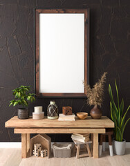 Mocap, template, simple rustic living room interior, wooden rough furniture, picture frame, poster, photo, potted flowers, decor, 3D rendering