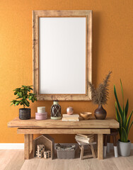 Mocap, template, simple rustic living room interior, wooden rough furniture, picture frame, poster, photo, potted flowers, decor, 3D rendering