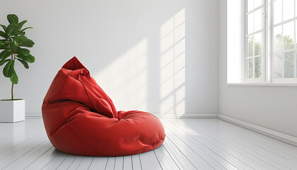 Red bean bag chair on white wooden floor in modern white room