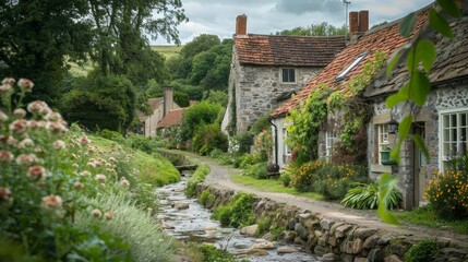A picturesque countryside village, charming cottages and a peaceful stream