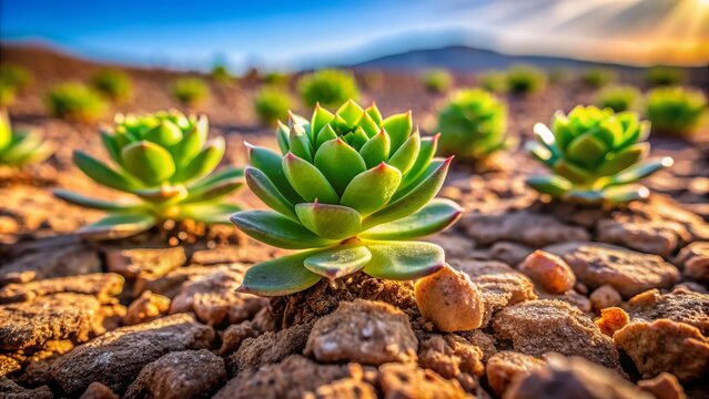 Tiny green succulent sprouts amidst arid desert landscape, symbolizing resilience, hope, and fragile beauty in face of climate adversity.