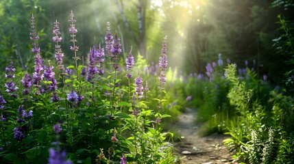 Fototapeta premium Sage bushes with purple flowers and fragrant leaves image