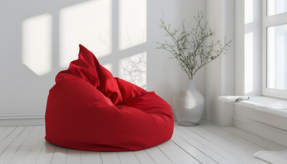 Red bean bag chair on white wooden floor in modern white room