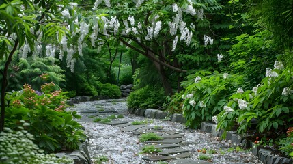 Robinia with white racemose flowers growing along picture