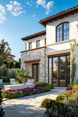 Modern stone house with a beautiful garden and blue sky, depicting luxury living and high-end real estate.