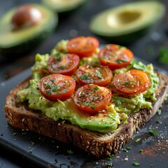 Ketogenic Breakfast or Lunch Toast with Avocado Spread and Cherry Tomatoes, Top-Down View, AI, KI