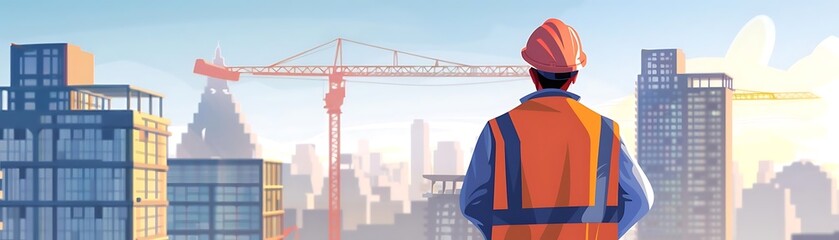 Construction Worker Looking at City Skyline Illustration