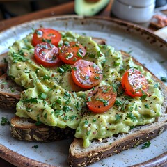 High-Quality Keto Breakfast Lunch Toast with Smashed Avocado and Tomatoes - Top-Down Perspective - AI, KI