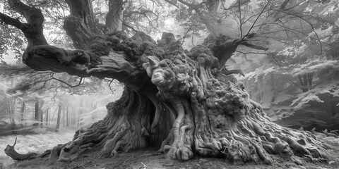 Black and white photograph captures an ancient, gnarled tree in a mystical, enchanted forest. 