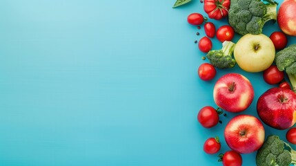 Fresh Fruits and Vegetables on Blue Background.