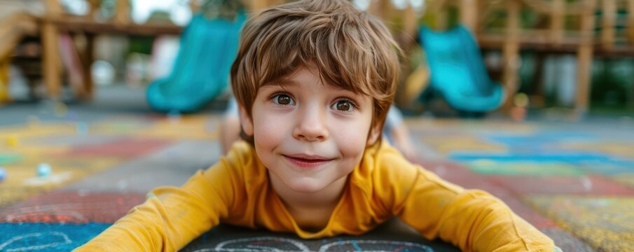 Cute Boy Drawing with Chalk on Playground Board, Playful Expression, Creative Child, Colorful Artwork, Happy Kid, Outdoor Art, Imagination, Fun Activities, Children's Play, Chalkboard Drawing, Summer