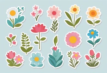 Cute Spring Floral Stickers with White Border - Modern Vector Graphic