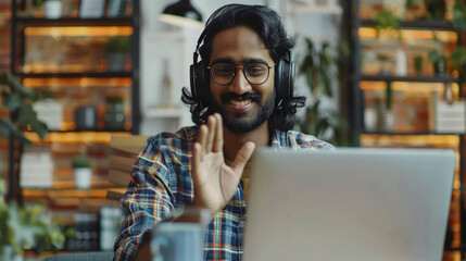 Obraz premium Young Indian man sitting at desk wearing headphones greets teacher start video call lesson to gain new knowledge, learn language, studying online, using laptop and modern videoconference application