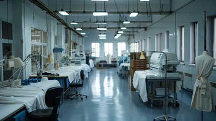 Fototapeta premium A garment factory with old equipment set up in a room