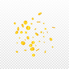 British pound coins falling. Scattered gold GBP