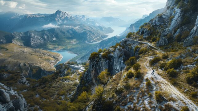 Aerial view of a mountain range with a winding road and a lone hiker.