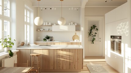 A bright Scandinavian kitchen with a combination of white and wooden details, featuring a large island and modern, minimalistic fixtures.