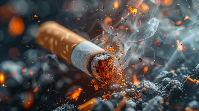 Burning cigarette with ash and smoke