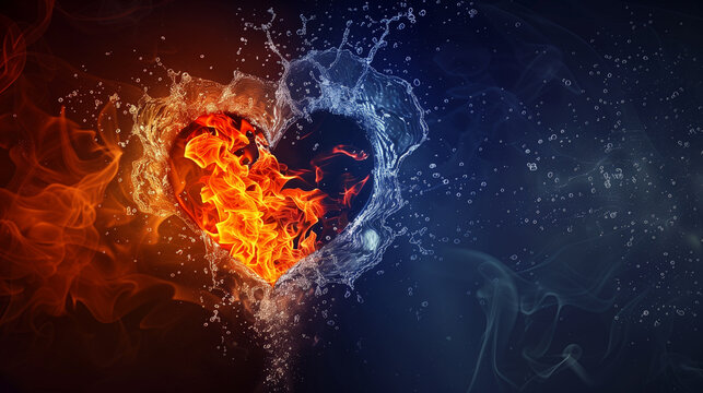 Fiery and icy heart surrounded by flames and water on dark background