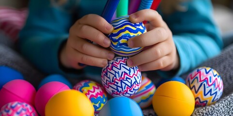 Child decorates stress ball with colorful markers in engaging handson activity. Concept Sensory Play, Creative Arts, Child Development, DIY Crafts, Stress Relief