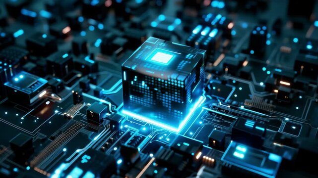 Futuristic digital technology concept with a glowing cube and circuit board representing advanced computing and innovation.