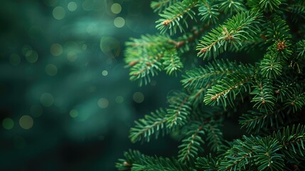 Beautiful Christmas Background with green fir tree brunch close up. Copy space
