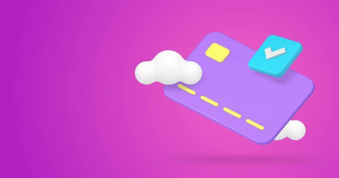 Banking account success e money storage on credit debit card done checkmark 3d icon animation loop