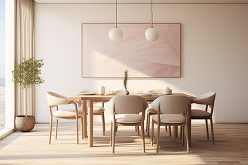 Minimalist dining room with light wood furniture and large abstract artwork.