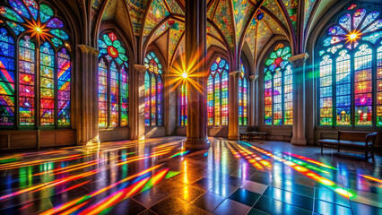 Obraz premium Vibrant stained glass windows illuminate a serene Catholic church, casting colorful rays on the shining floor and walls, creating a kaleidoscope of divine light and reflection.