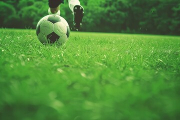 Fototapeta premium Close-up of soccer ball lies on outdoor soccer field. Soccer game, sports equipment, outdoor sports. Generated by AI. Beautiful simple AI generated image in 4K, unique.