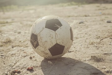 Close-up of soccer ball lies on outdoor soccer field. Soccer game, sports equipment, outdoor sports. Generated by AI. Beautiful simple AI generated image in 4K, unique.
