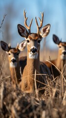 a deer with a white nose is sitting in a field of tall grass.