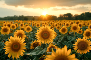 Obraz premium Sunset Illuminates a Field of Sunflowers