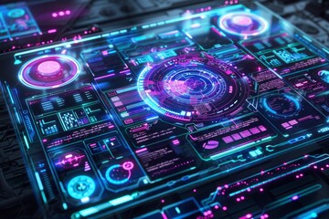 A sleek, transparent interface with floating holographic screens and controls, rendered in shades of blue and purple, with glowing accents