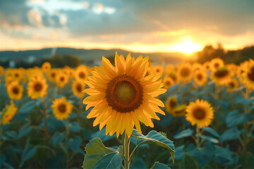 Fototapeta premium Breathtaking Sunflower Field at Dusk. Warm and Serene Sunset
