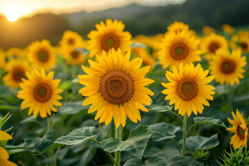 Fototapeta premium Sunflowers in the Setting Sun. A Glorious Golden Hour