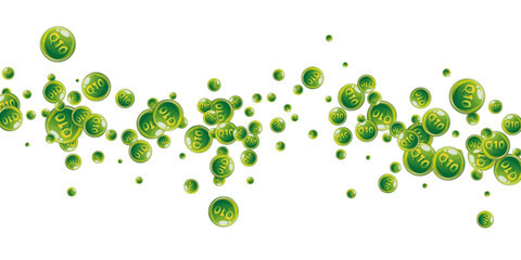 Vitamin Q10 round capsules scattered randomly.