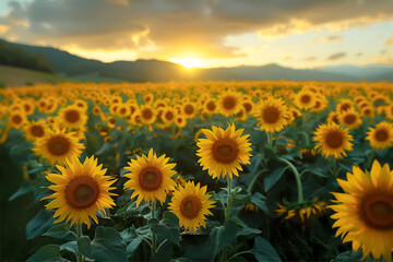 Sunflowers Glowing in Sunset Light. A Majestic Evening Scene