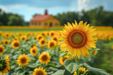Sunflowers bathing in the sunset rays. A farmhouse in the distance