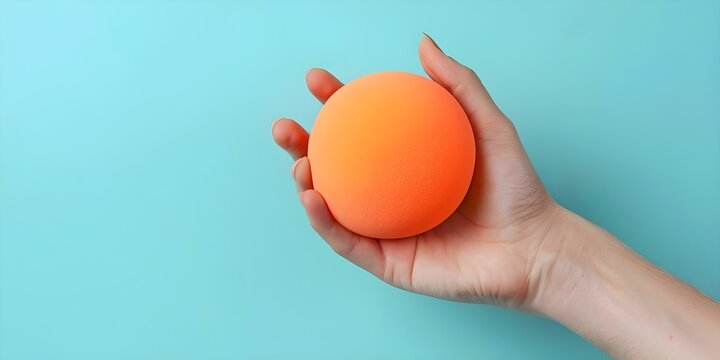 Individual lightly holds orange stress ball in pale blue setting. Concept Stress ball, Mental wellness, Coping mechanism, Relaxation techniques, Color therapy
