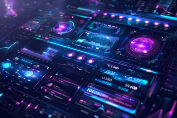 Obraz premium A sleek, transparent interface with floating holographic screens and controls, rendered in shades of blue and purple, with glowing accents