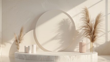 Fototapeta premium Cosmetic product display podium with abstract minimal geometry and pampas grass