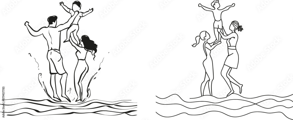 Aufkleber the front view of a happy family in continuous line art drawing style. parents and their kids hold h