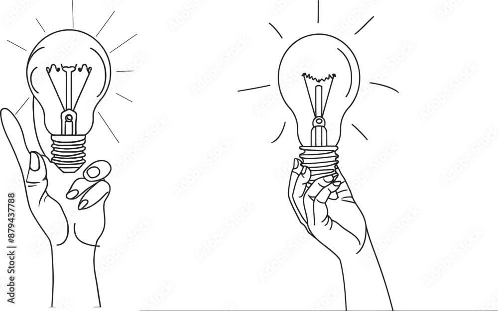 Fototapete Drawing of point of view of a bulb lamp in continuous one line format. Concept of idea and creativity, minimal illustration isolated on white background.