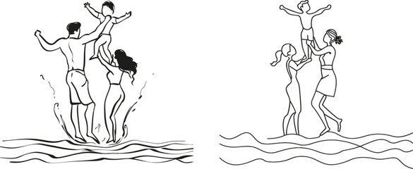 Fototapeta premium The front view of a happy family in continuous line art drawing style. Parents and their kids hold hands and walk together in black linear illustration on white background. Modern illustration.